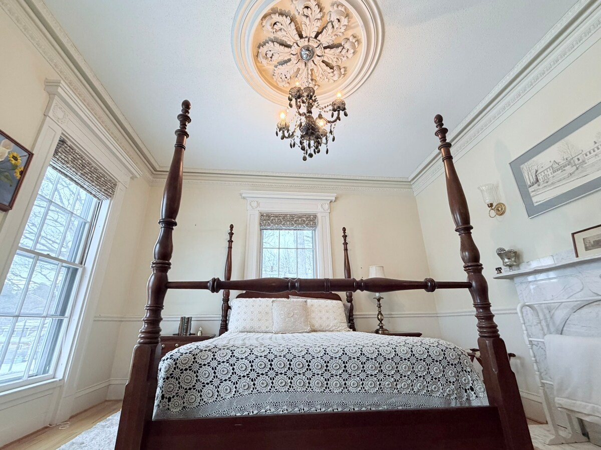 Historic downstairs bedroom with cathedral ceiling and marble fireplace