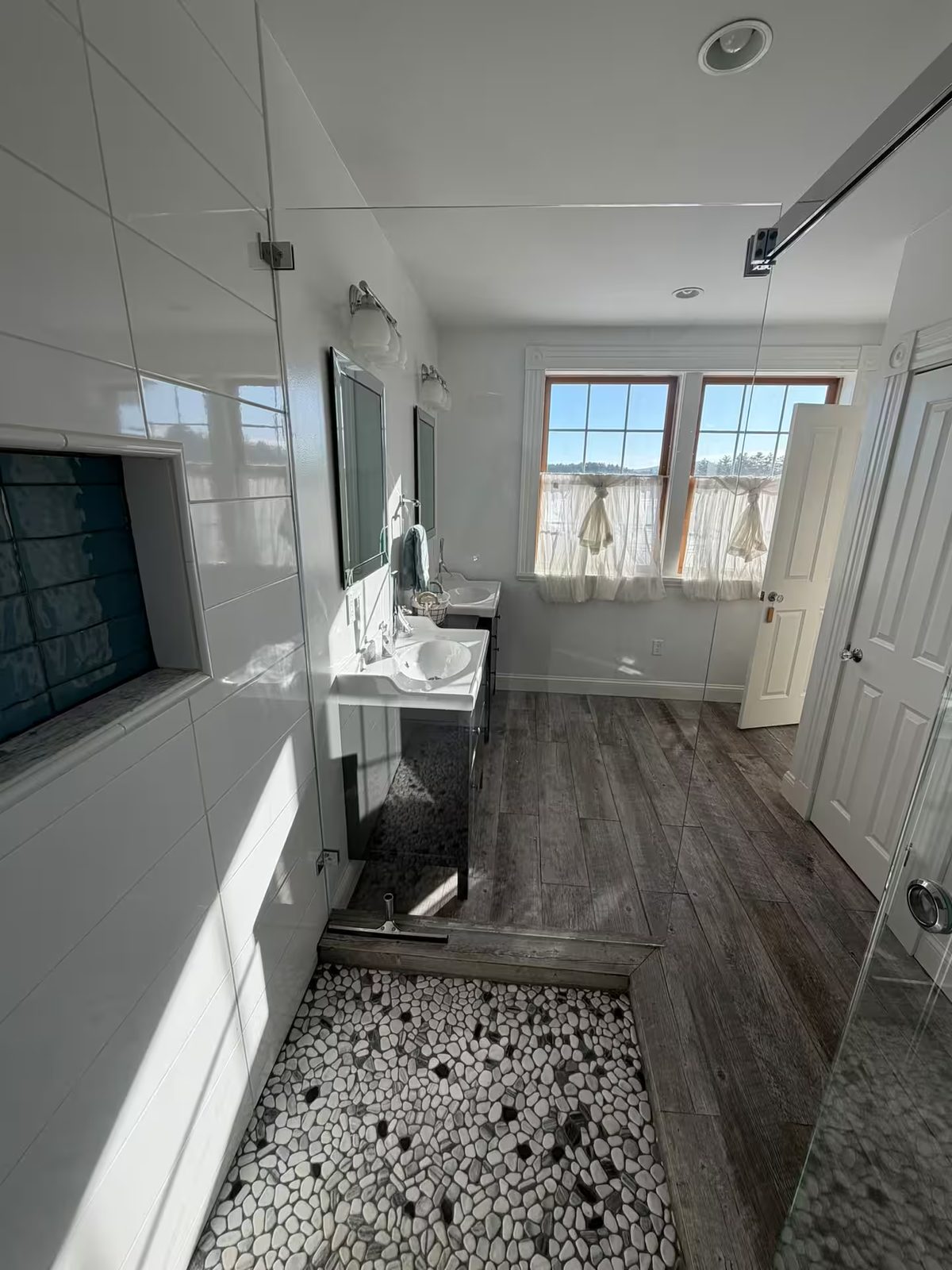 Master bath with walk-in shower and double vanity