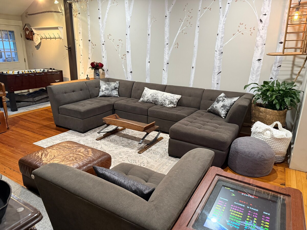 Living room with couch, movie screen, foosball, and arcade
